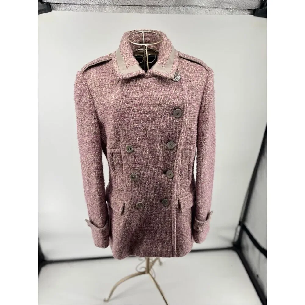 Coach Signature Pink Bouclé Wool Mohair Blend Double Breasted Coat Size 10